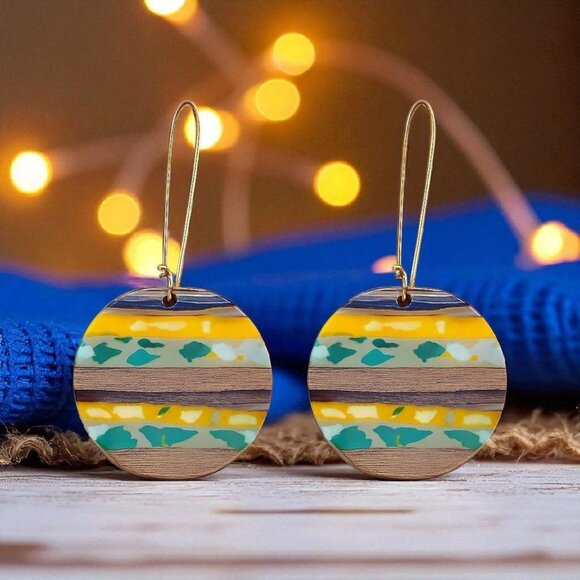 🆕 Handcrafted Wood & Resin Trendy Round Earrings With Golden Color Alloy Hooks - Picture 6 of 11